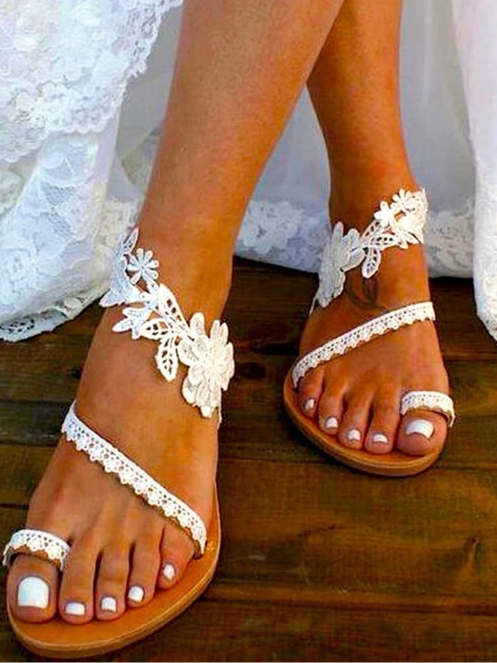 Lace Floral Ankle Tie Sandals - White